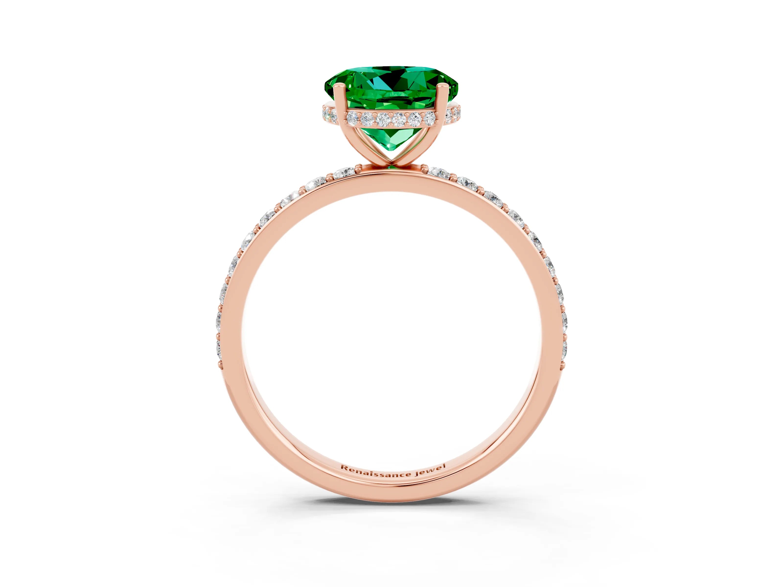 Rose gold Round Cut Emerald Solitaire Ring with Pavé Band and Hidden Halo_15
