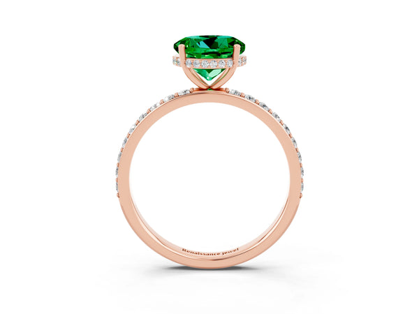 Rose gold Round Cut Emerald Solitaire Ring with Pavé Band and Hidden Halo