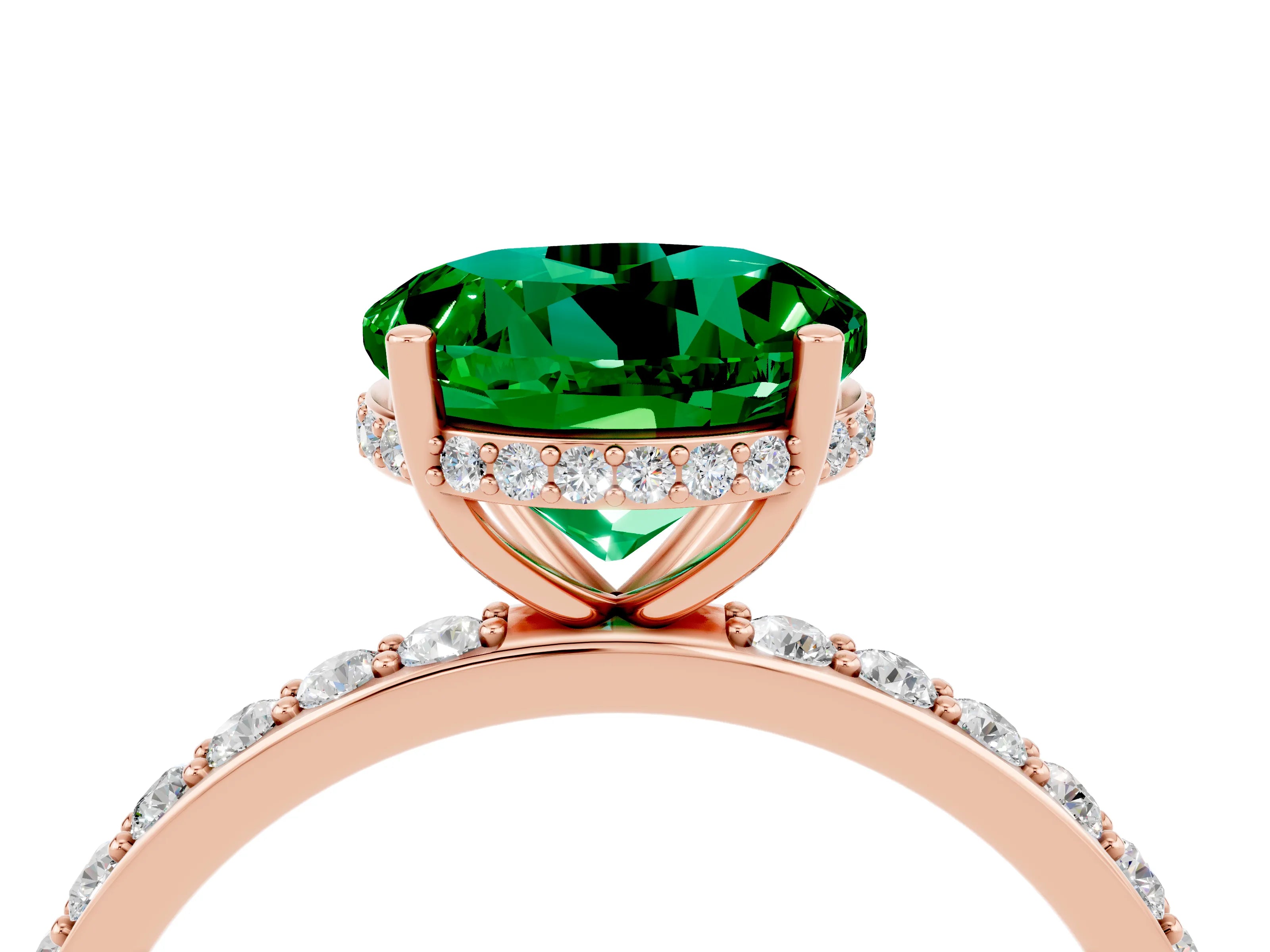 Rose gold Round Cut Emerald Solitaire Ring with Pavé Band and Hidden Halo_16