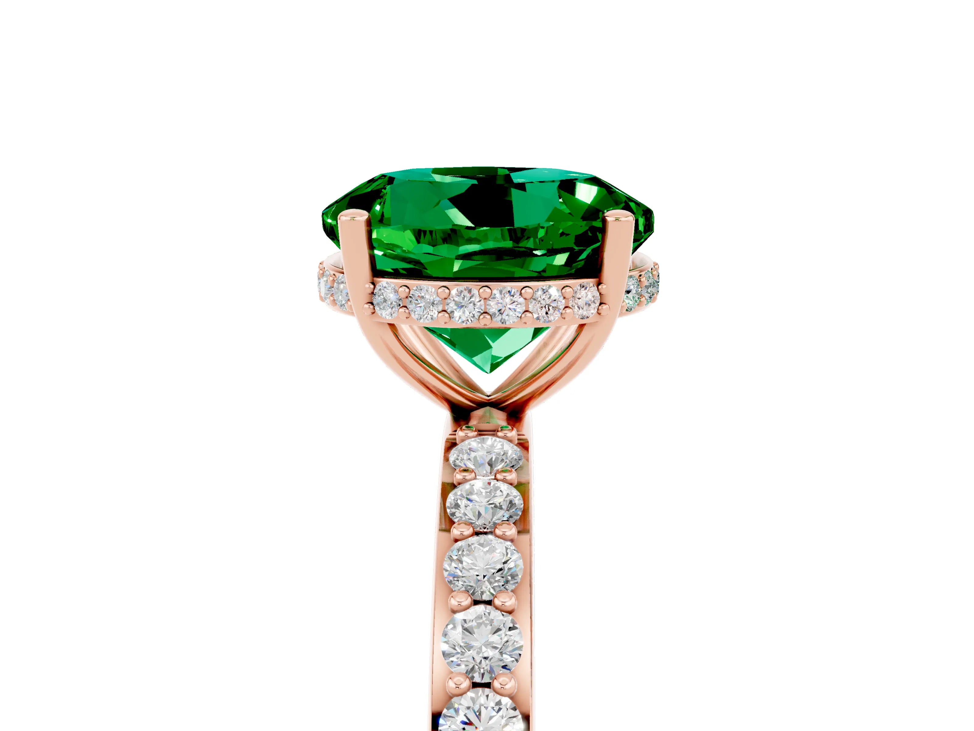 Rose gold Round Cut Emerald Solitaire Ring with Pavé Band and Hidden Halo_17