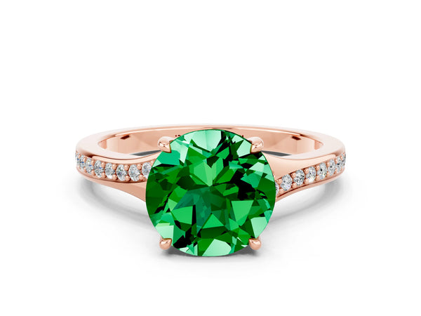 Rose gold Round Cut Emerald Solitaire Ring with Pavé Band and Prong Setting