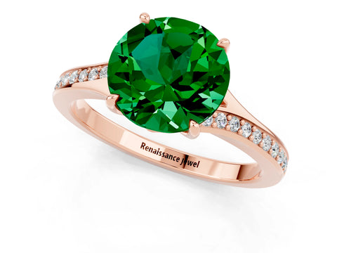 Rose gold Round Cut Emerald Solitaire Ring with Pavé Band and Prong Setting_13