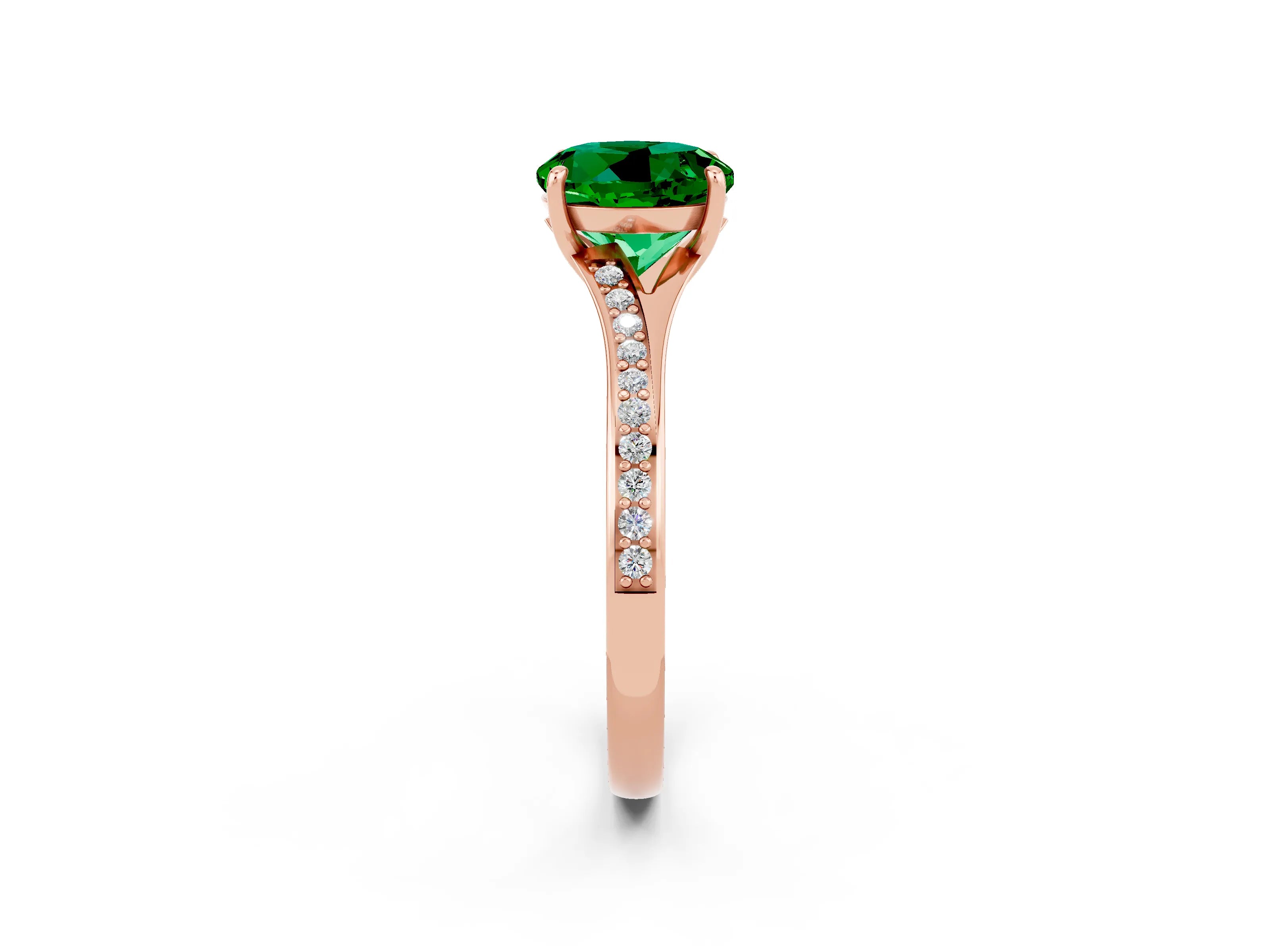 Rose gold Round Cut Emerald Solitaire Ring with Pavé Band and Prong Setting_14