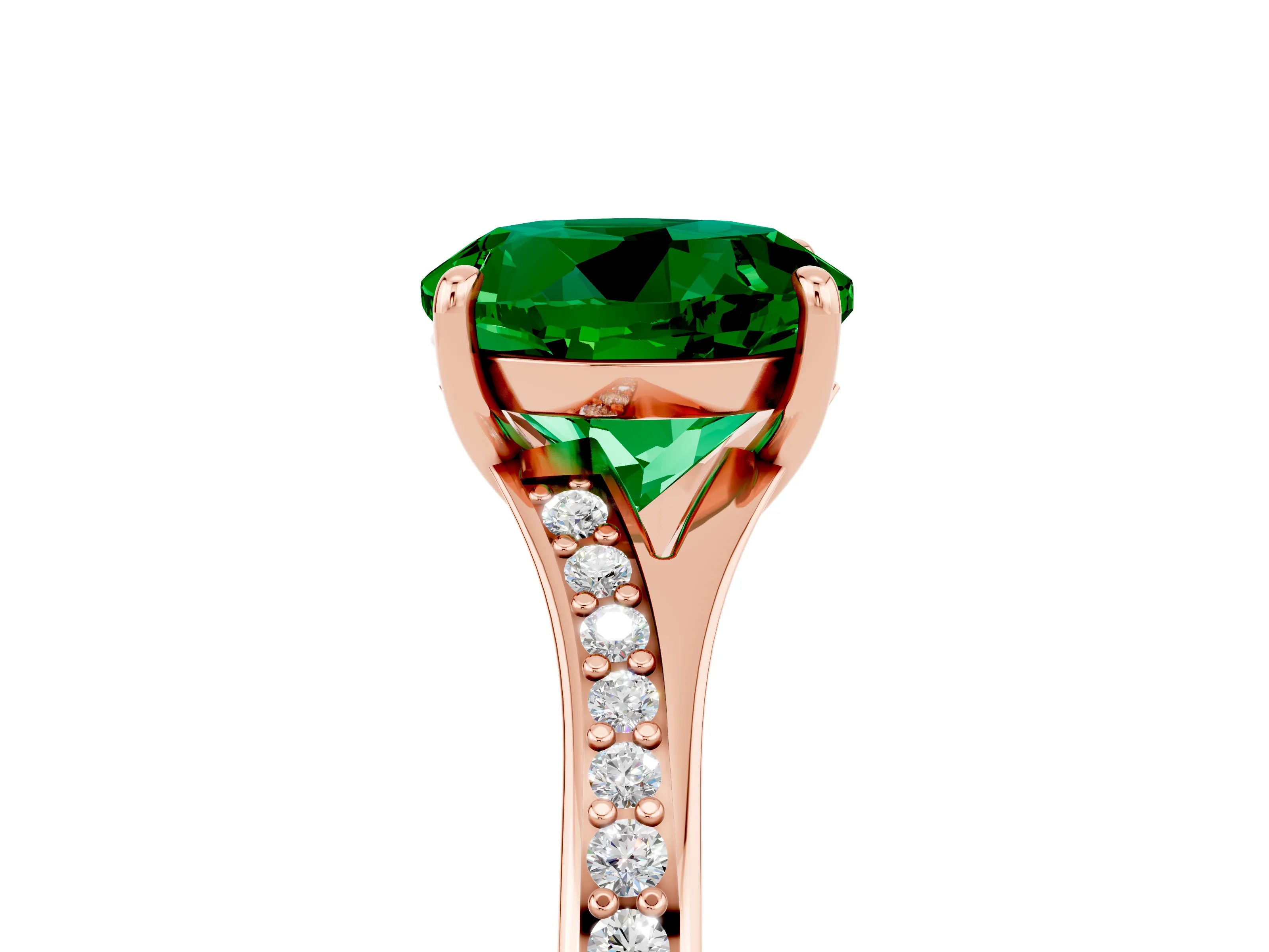 Rose gold Round Cut Emerald Solitaire Ring with Pavé Band and Prong Setting_17