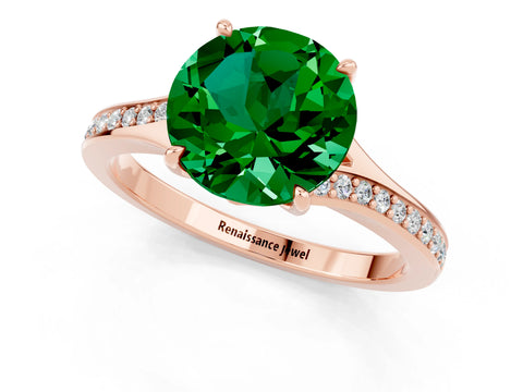 Rose gold Round Cut Emerald Solitaire Ring with Pavé Band and Prong Setting_1