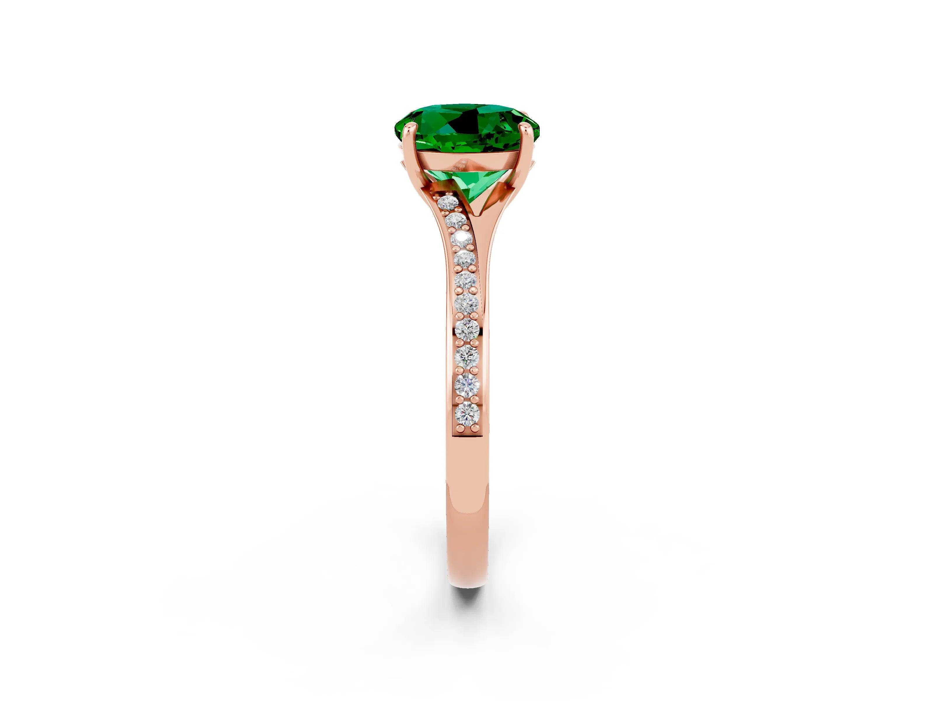 Rose gold Round Cut Emerald Solitaire Ring with Pavé Band and Prong Setting_2