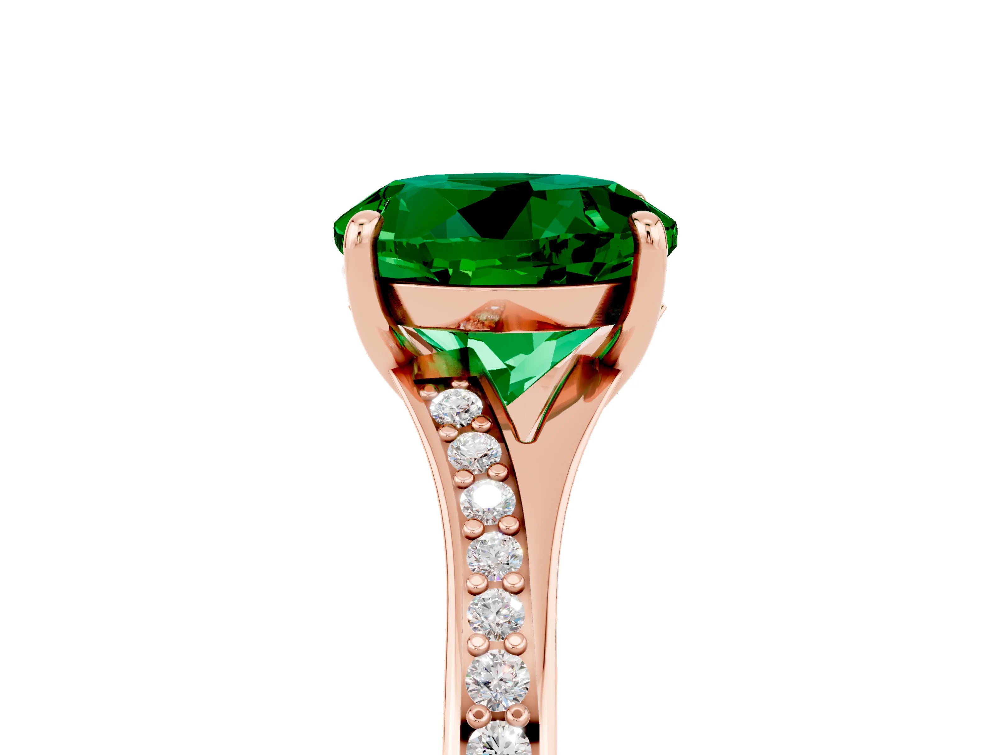 Rose gold Round Cut Emerald Solitaire Ring with Pavé Band and Prong Setting_5