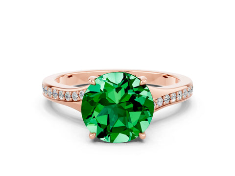 Rose gold Round Cut Emerald Solitaire Ring with Pavé Band and Prong Setting