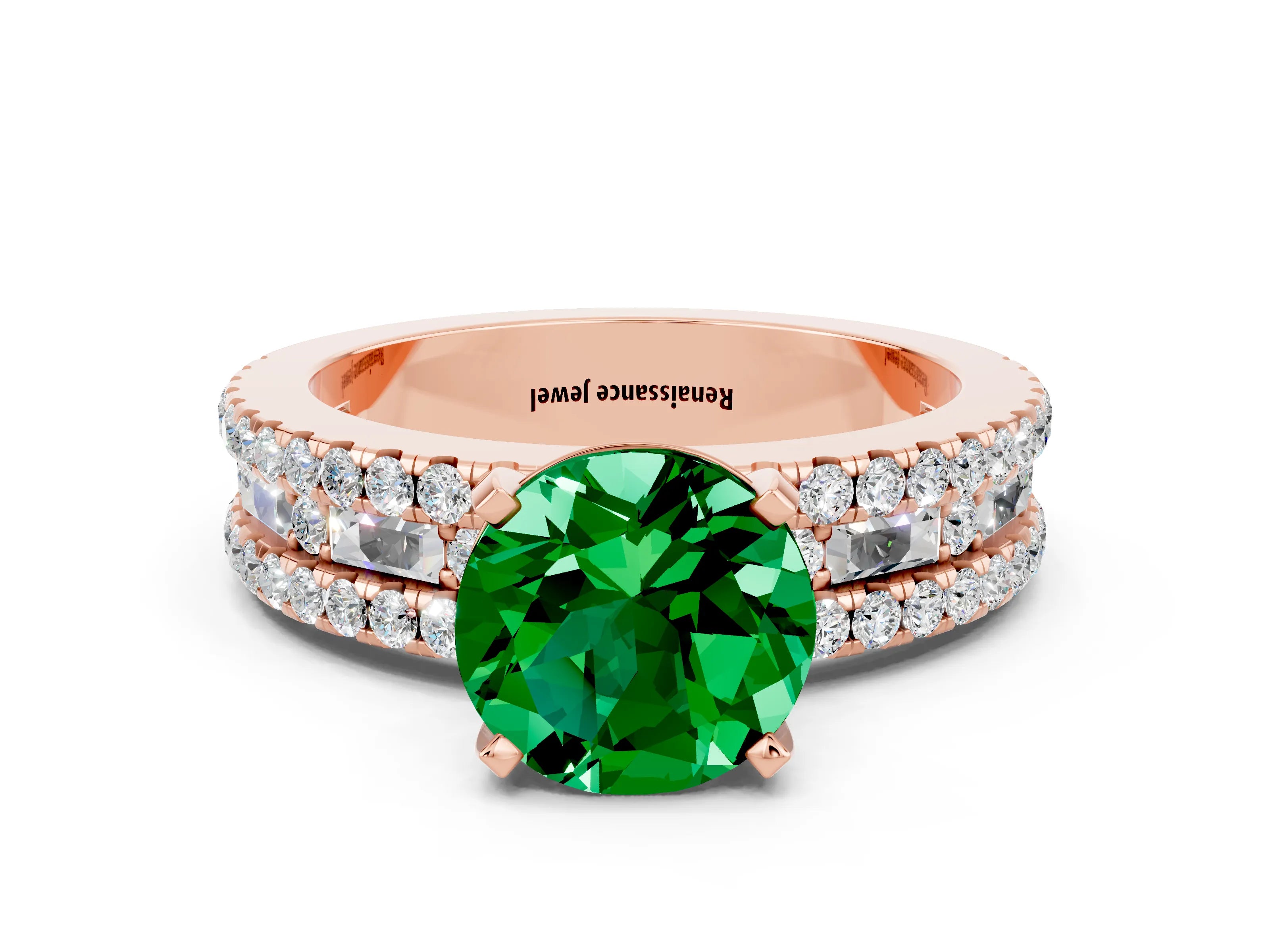 Rose gold Round Cut Emerald Solitaire Ring with Pavé and Channel Set Band_12