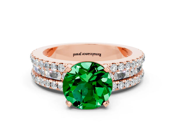 Rose gold Round Cut Emerald Solitaire Ring with Pavé and Channel Set Band