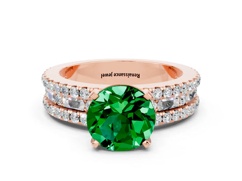 Rose gold Round Cut Emerald Solitaire Ring with Pavé and Channel Set Band_12