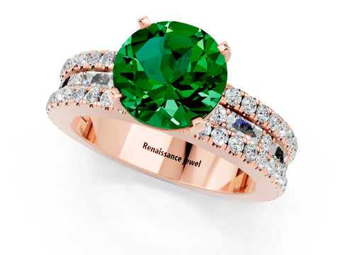 Rose gold Round Cut Emerald Solitaire Ring with Pavé and Channel Set Band_13