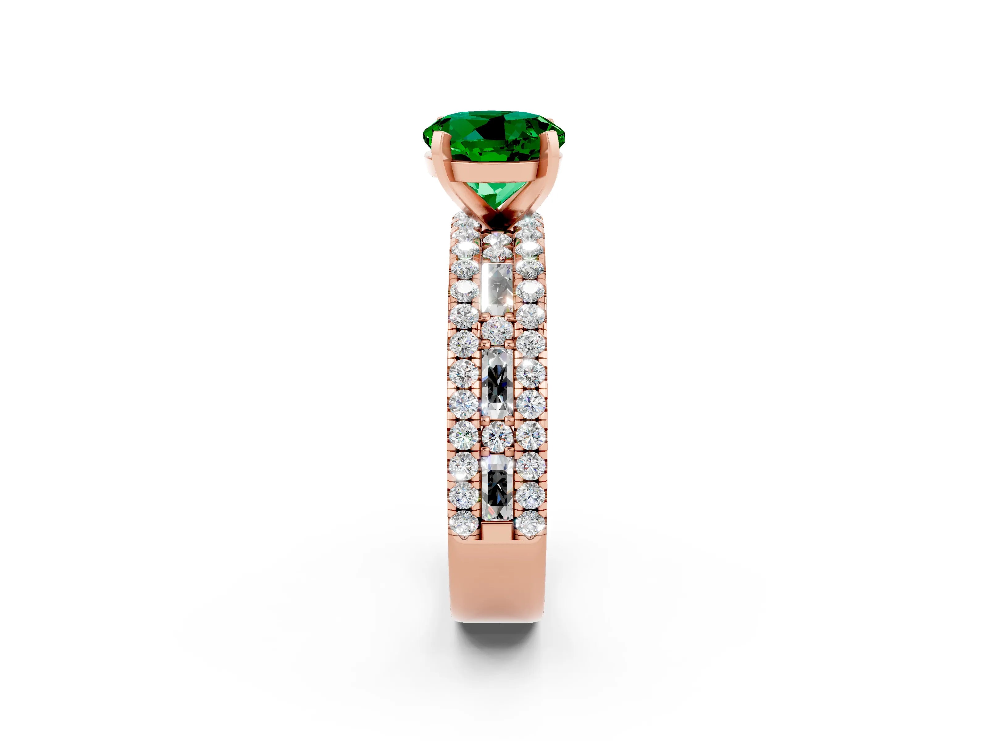 Rose gold Round Cut Emerald Solitaire Ring with Pavé and Channel Set Band_14