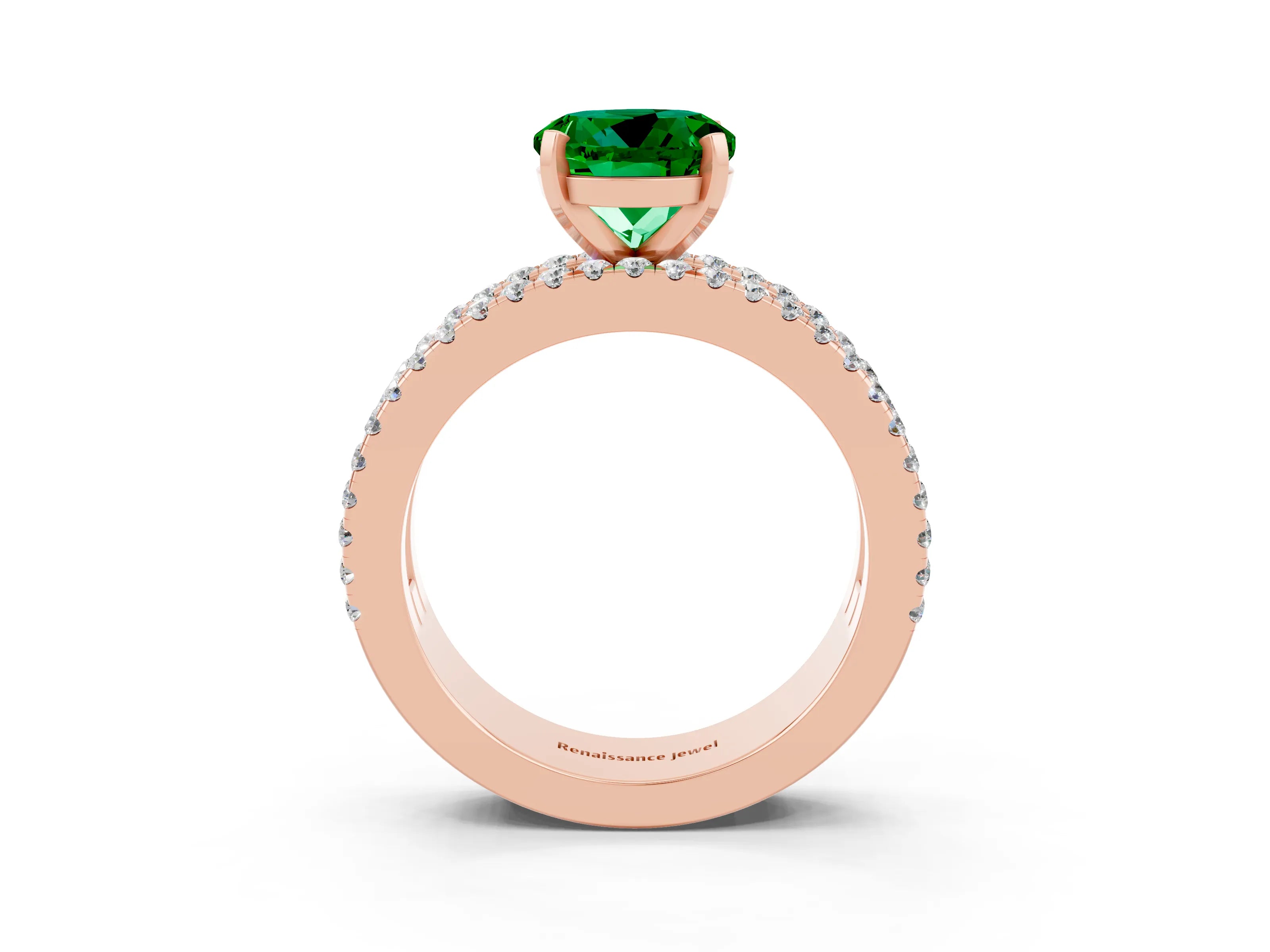 Rose gold Round Cut Emerald Solitaire Ring with Pavé and Channel Set Band_15