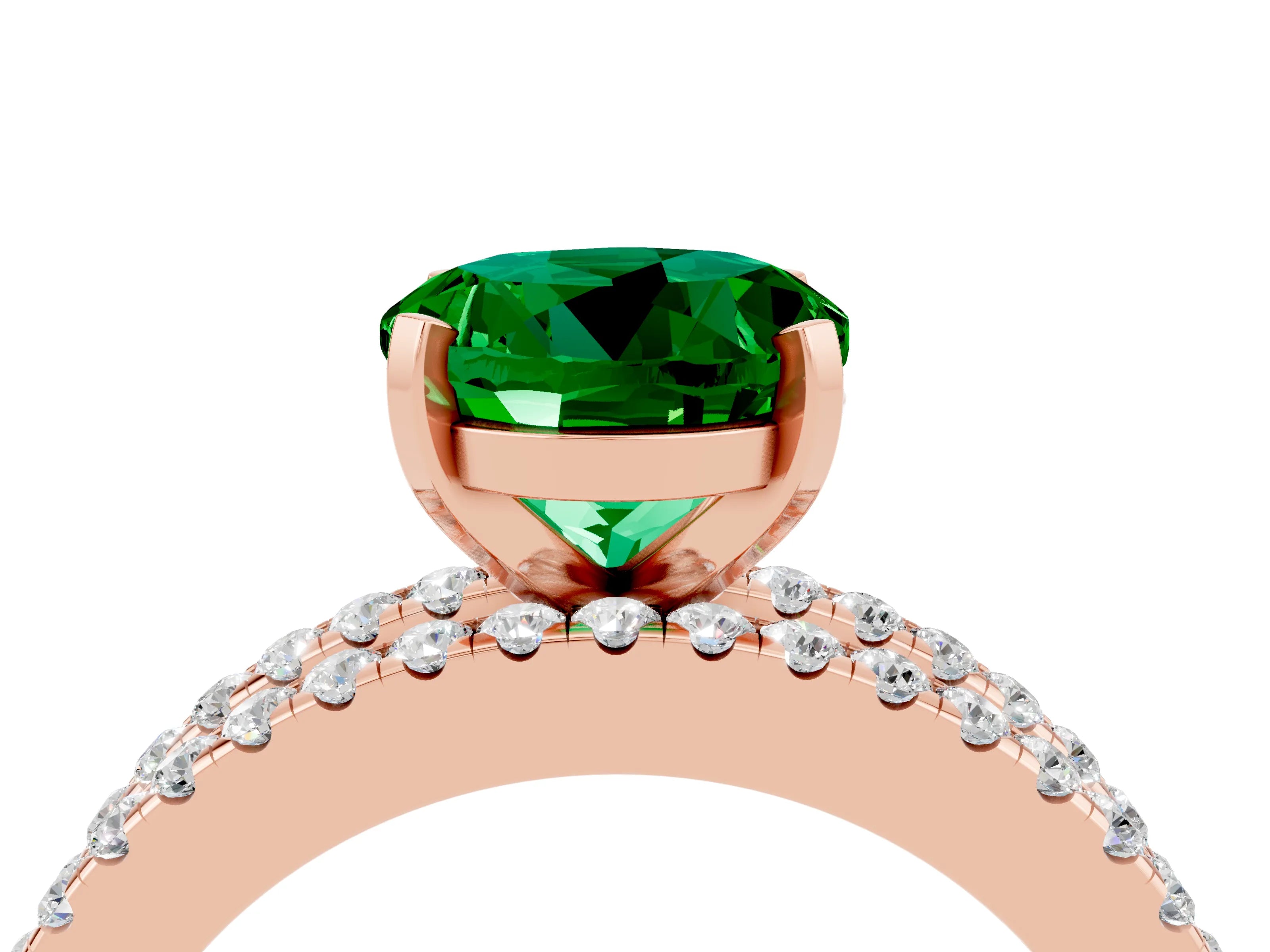 Rose gold Round Cut Emerald Solitaire Ring with Pavé and Channel Set Band_16