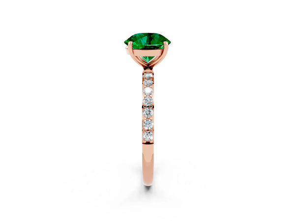 Rose gold Round Cut Emerald Solitaire Ring with Round  Pavé Band and Prong Setting