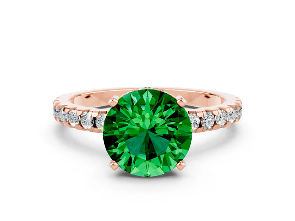 Rose gold Round Cut Emerald Solitaire Ring with Round  Pavé Band and Four-Prong Setting