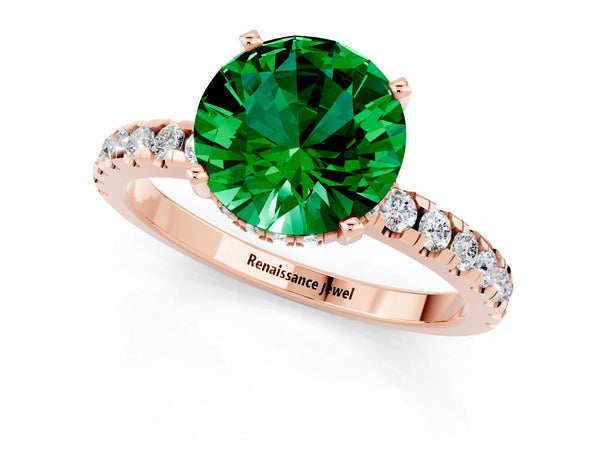 Rose gold Round Cut Emerald Solitaire Ring with Round  Pavé Band and Four-Prong Setting