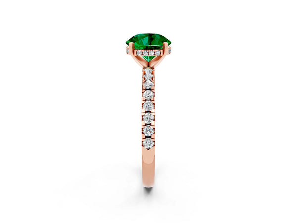 Rose gold Round Cut Emerald Solitaire Ring with Round  Pavé Band and Four-Prong Setting