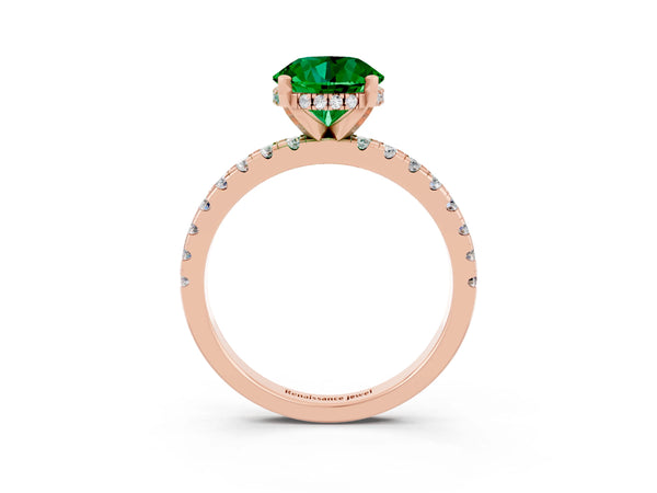 Rose gold Round Cut Emerald Solitaire Ring with Round  Pavé Band and Four-Prong Setting