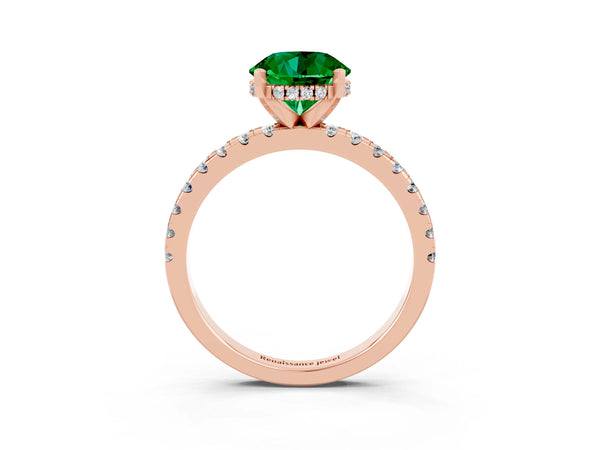 Rose Gold Round Lab-Grown Emerald Hidden Halo Engagement Ring with Pave Band