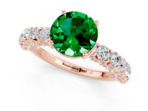 Rose gold Round Cut Emerald Solitaire Ring with Shared Prong Pavé Band and Four-Prong Setting_1