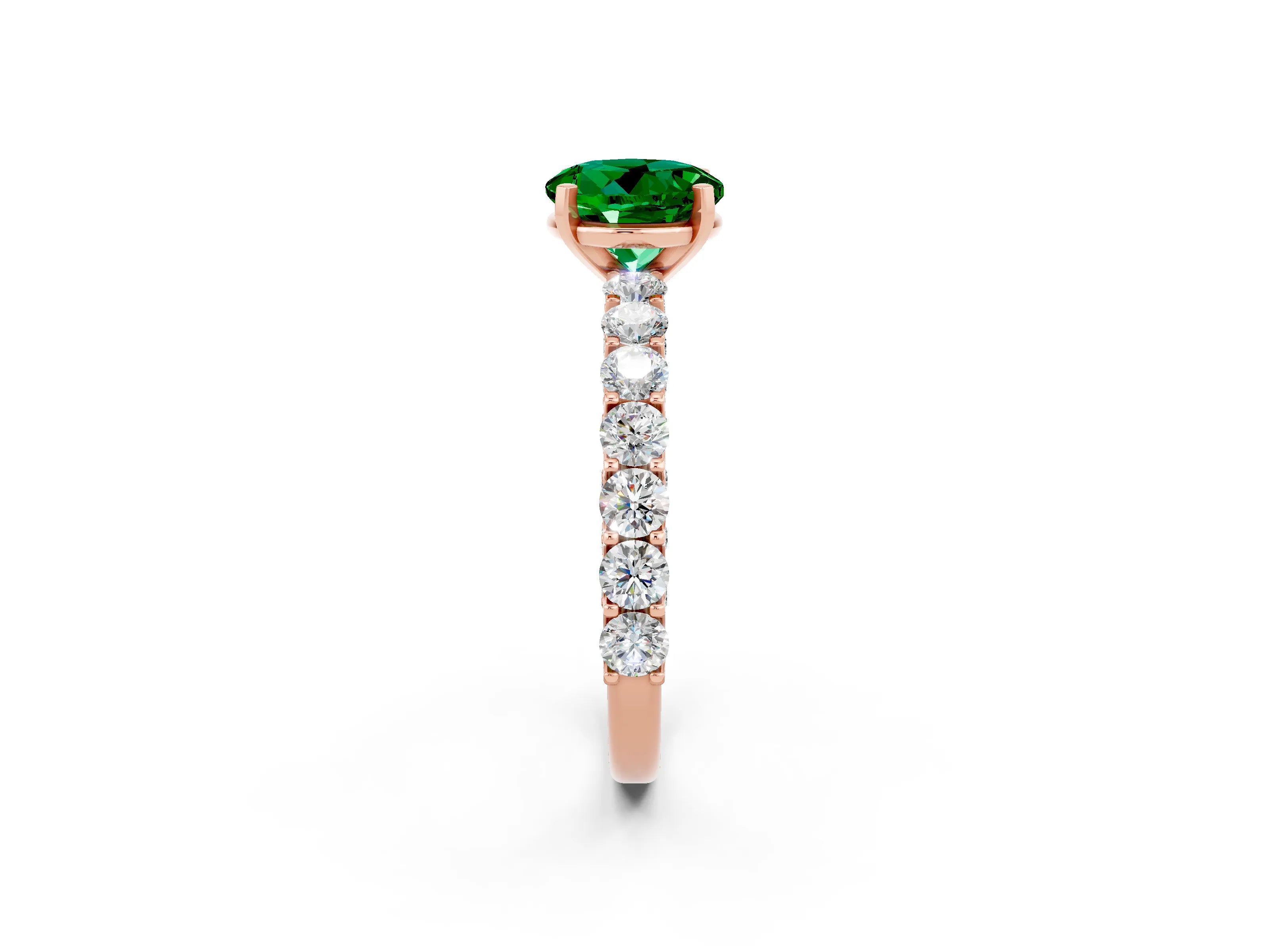 Rose gold Round Cut Emerald Solitaire Ring with Shared Prong Pavé Band and Four-Prong Setting_2