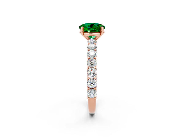 Rose gold Round Cut Emerald Solitaire Ring with Shared Prong Pavé Band and Four-Prong Setting