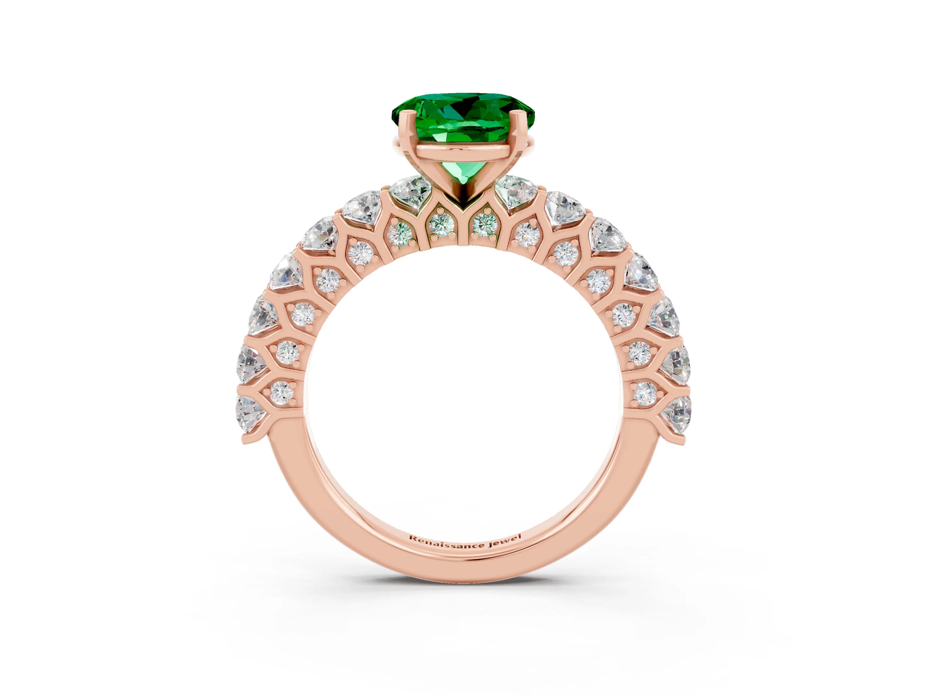 Rose gold Round Cut Emerald Solitaire Ring with Shared Prong Pavé Band and Four-Prong Setting_3