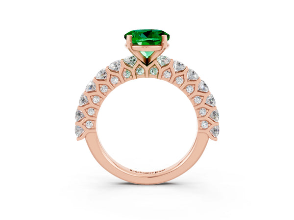 Rose gold Round Cut Emerald Solitaire Ring with Shared Prong Pavé Band and Four-Prong Setting