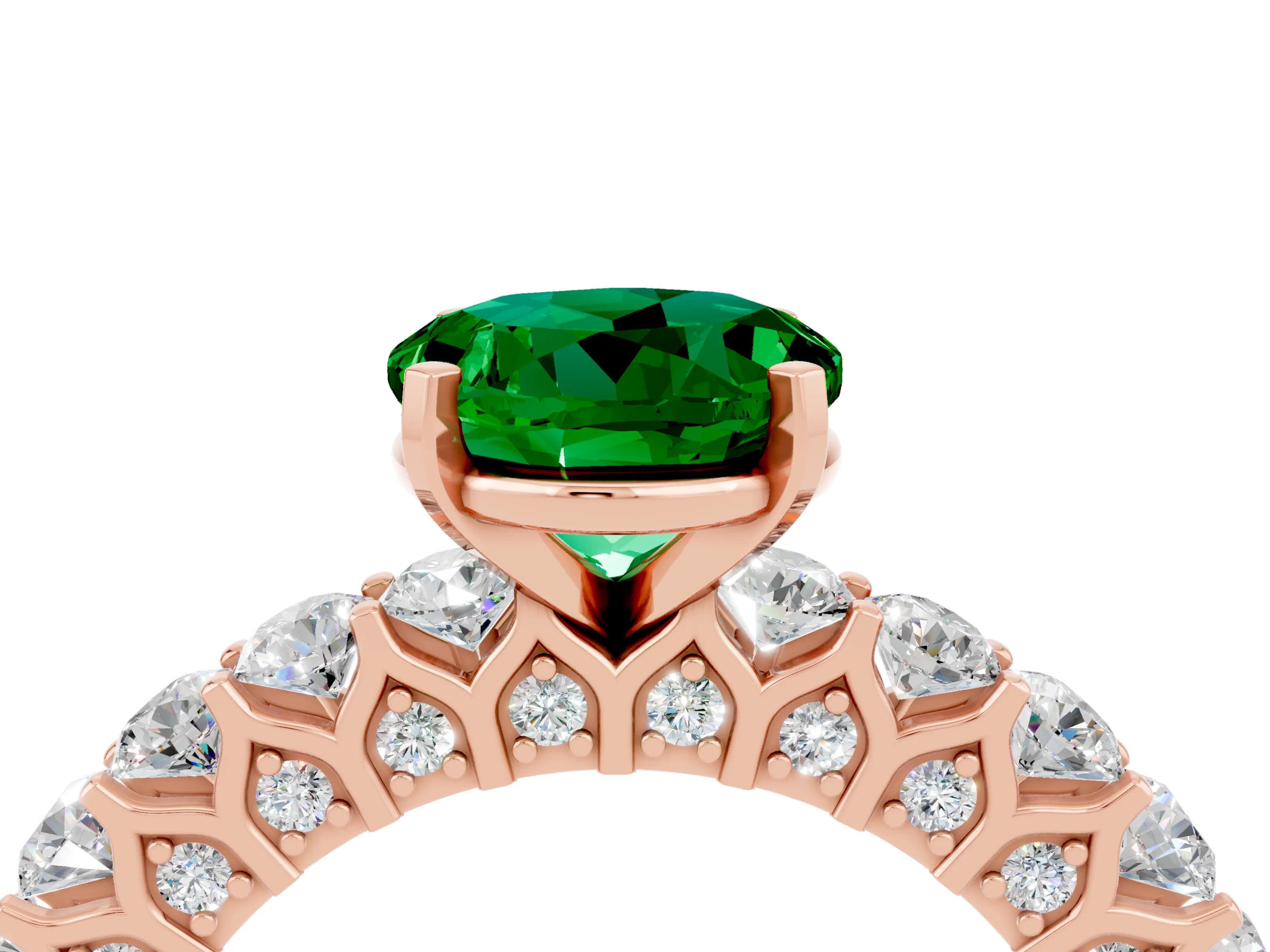 Rose gold Round Cut Emerald Solitaire Ring with Shared Prong Pavé Band and Four-Prong Setting_4