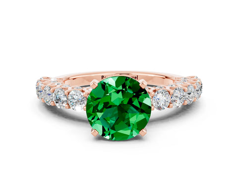 Rose gold Round Cut Emerald Solitaire Ring with Shared Prong Pavé Band and Four-Prong Setting