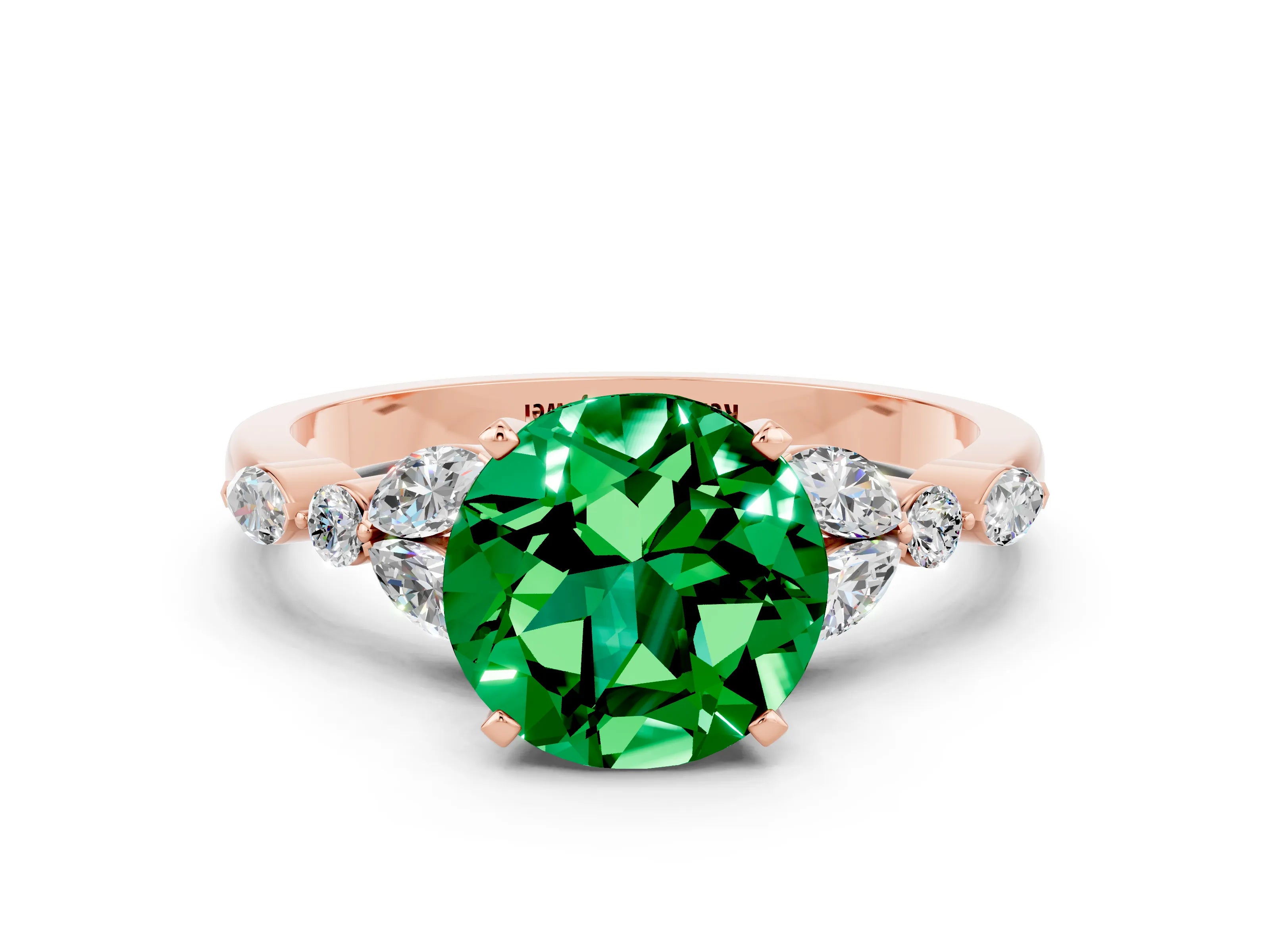 Rose gold Round Cut Emerald Solitaire Ring with Side Stones and Four-Prong Setting_12