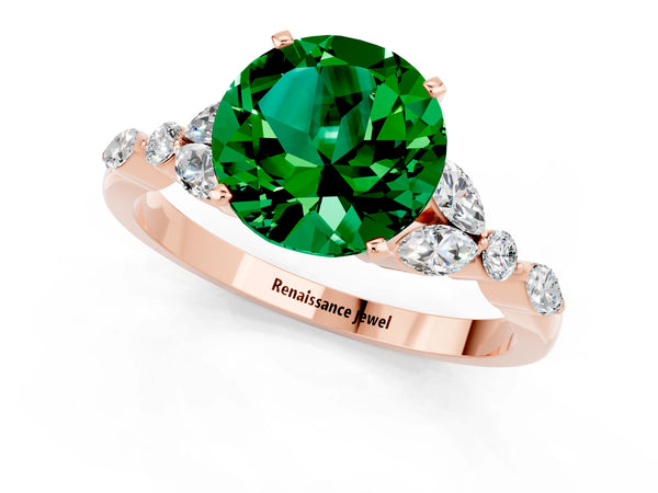 Rose gold Round Cut Emerald Solitaire Ring with Side Stones and Four-Prong Setting
