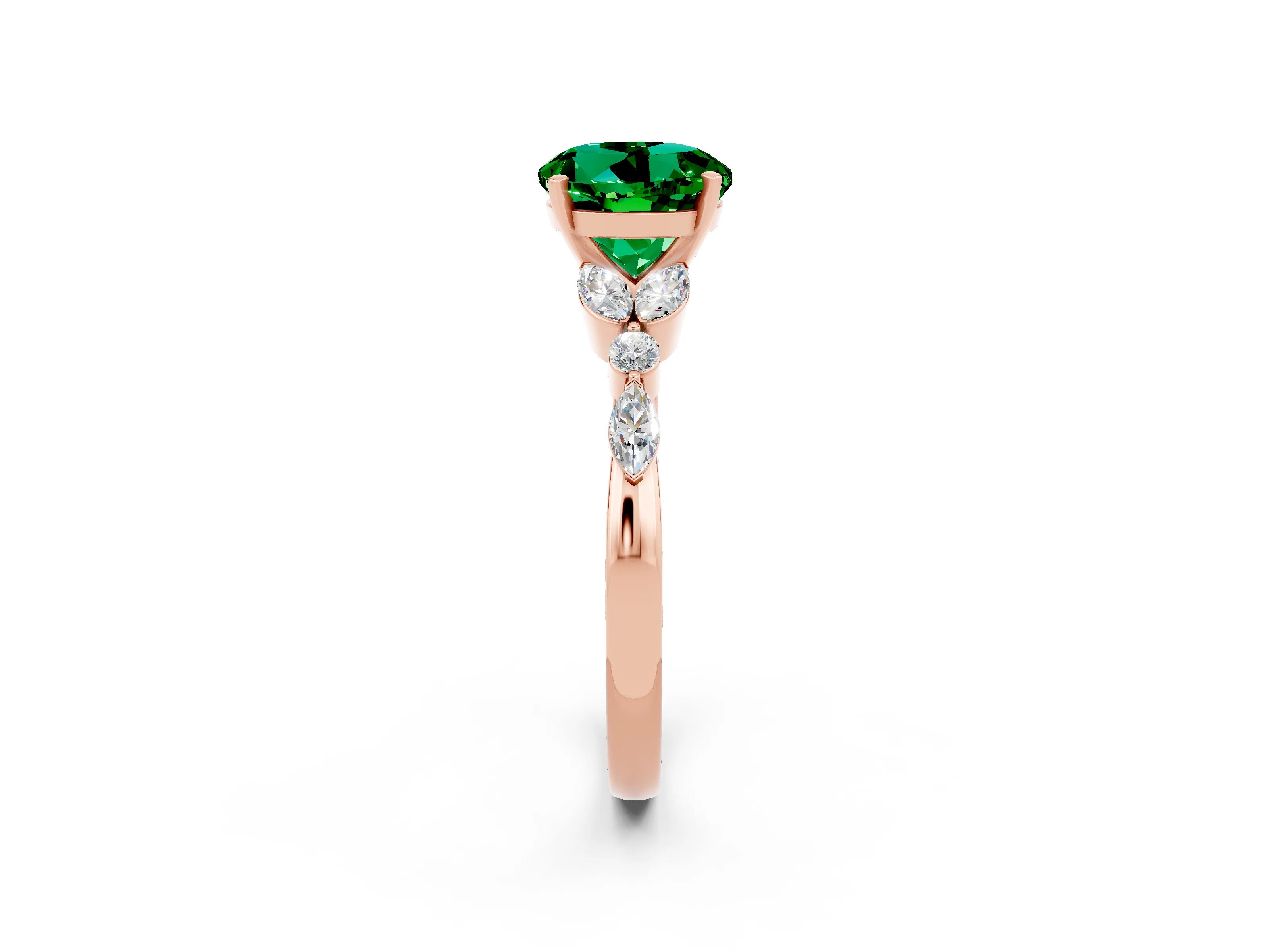 Rose gold Round Cut Emerald Solitaire Ring with Side Stones and Four-Prong Setting_14