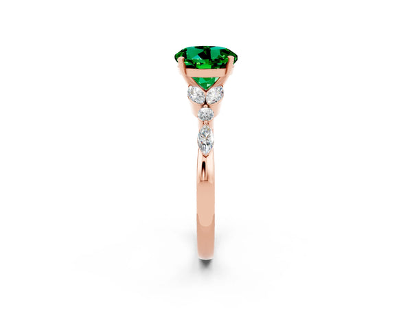 Rose gold Round Cut Emerald Solitaire Ring with Side Stones and Four-Prong Setting