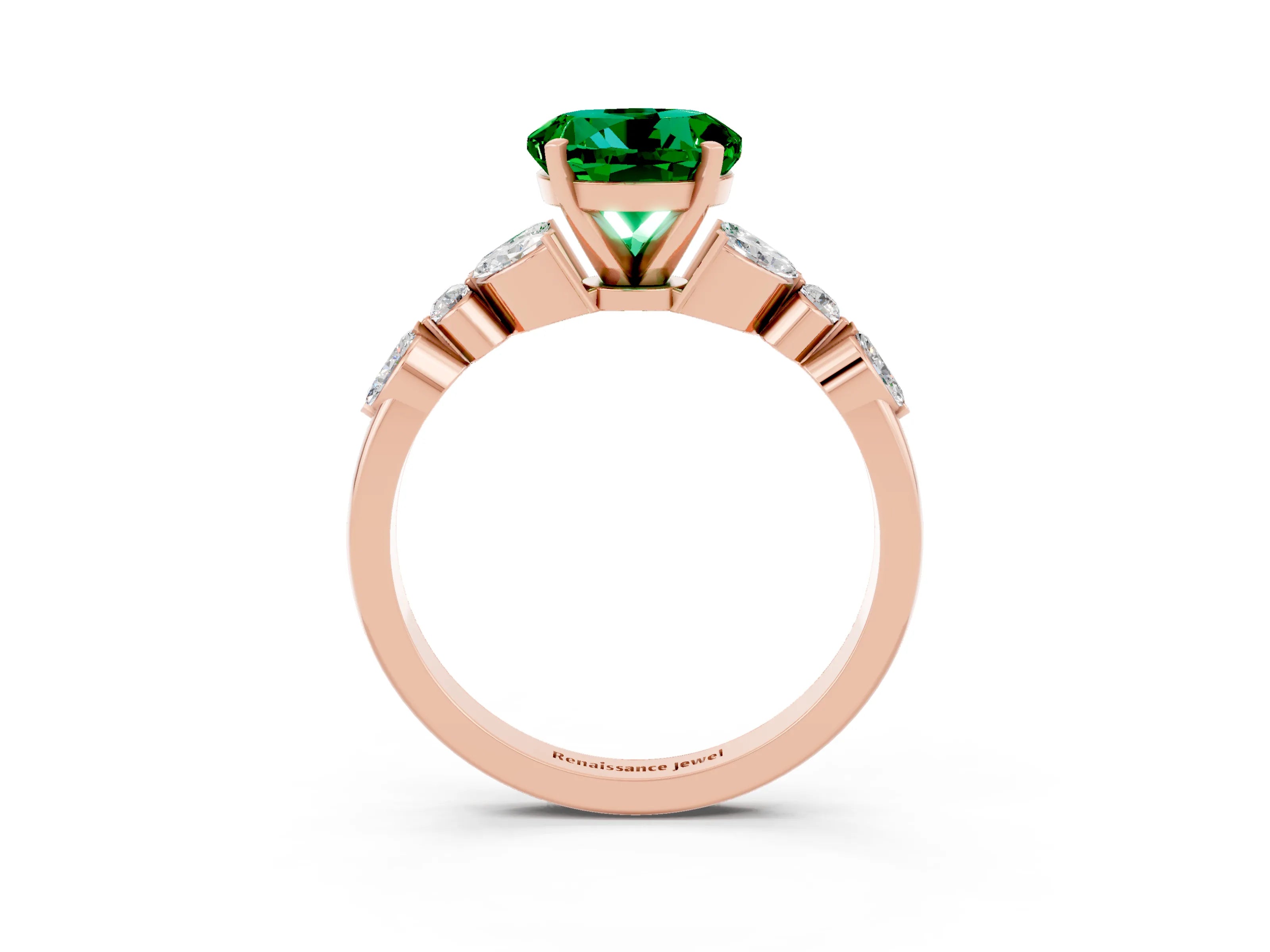 Rose gold Round Cut Emerald Solitaire Ring with Side Stones and Four-Prong Setting_15