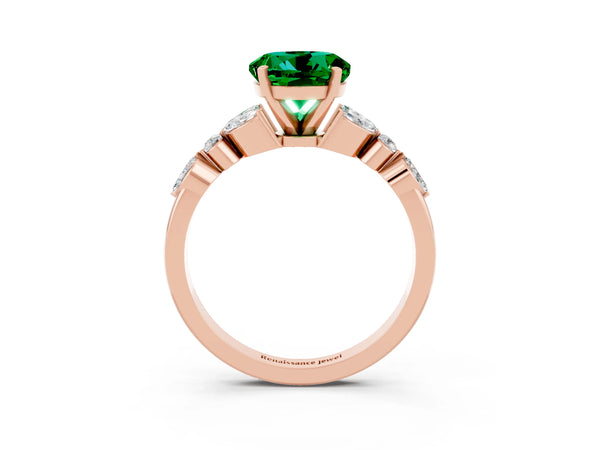 Rose gold Round Cut Emerald Solitaire Ring with Side Stones and Four-Prong Setting