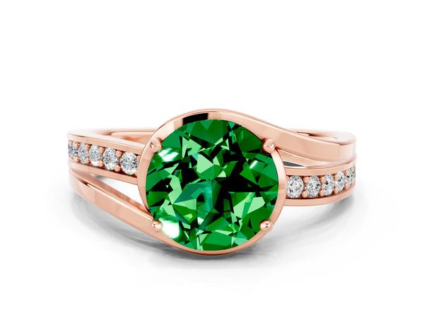 Rose gold Round Cut Emerald Solitaire Ring with Split Shank and Prong Setting