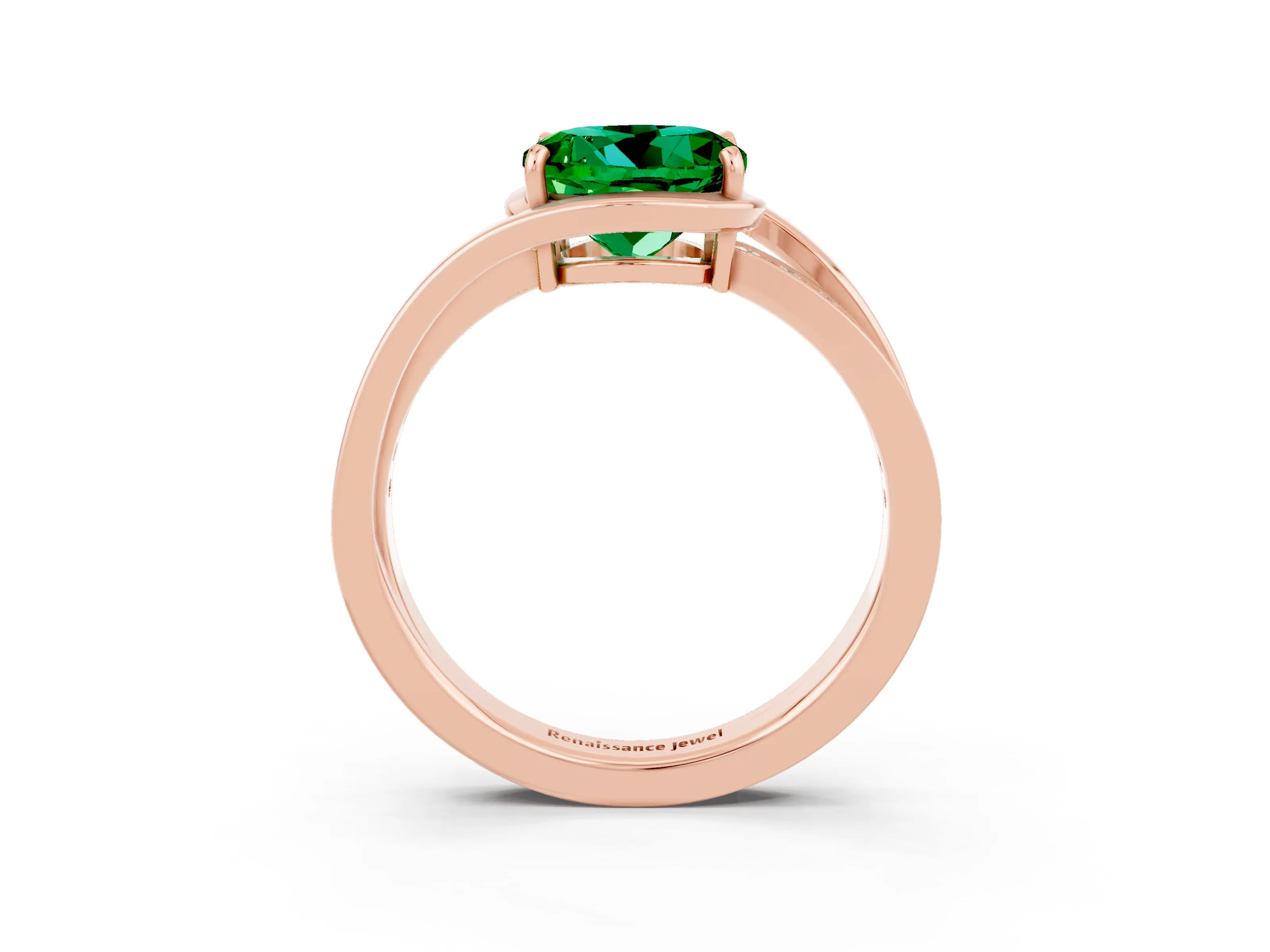 Rose gold Round Cut Emerald Solitaire Ring with Split Shank and Prong Setting_3