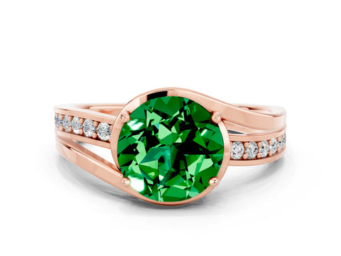 Rose gold Round Cut Emerald Solitaire Ring with Split Shank and Prong Setting