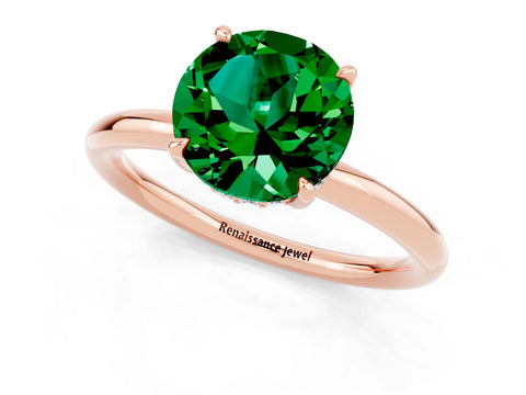 Rose gold Round Cut Emerald Solitaire Ring with Thin Band and Four-Prong Setting_13