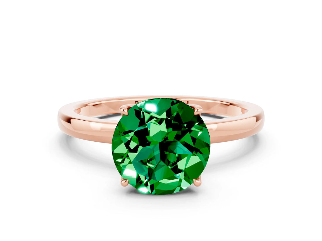 Rose gold Round Cut Emerald Solitaire Ring with Thin Band and Prong Setting_12