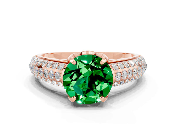 Rose gold Round Cut Emerald Solitaire Ring with Three-Row Pavé Band and Four-Prong Setting