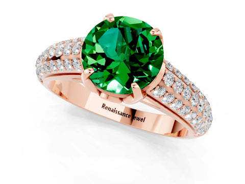 Rose gold Round Cut Emerald Solitaire Ring with Three-Row Pavé Band and Four-Prong Setting_13
