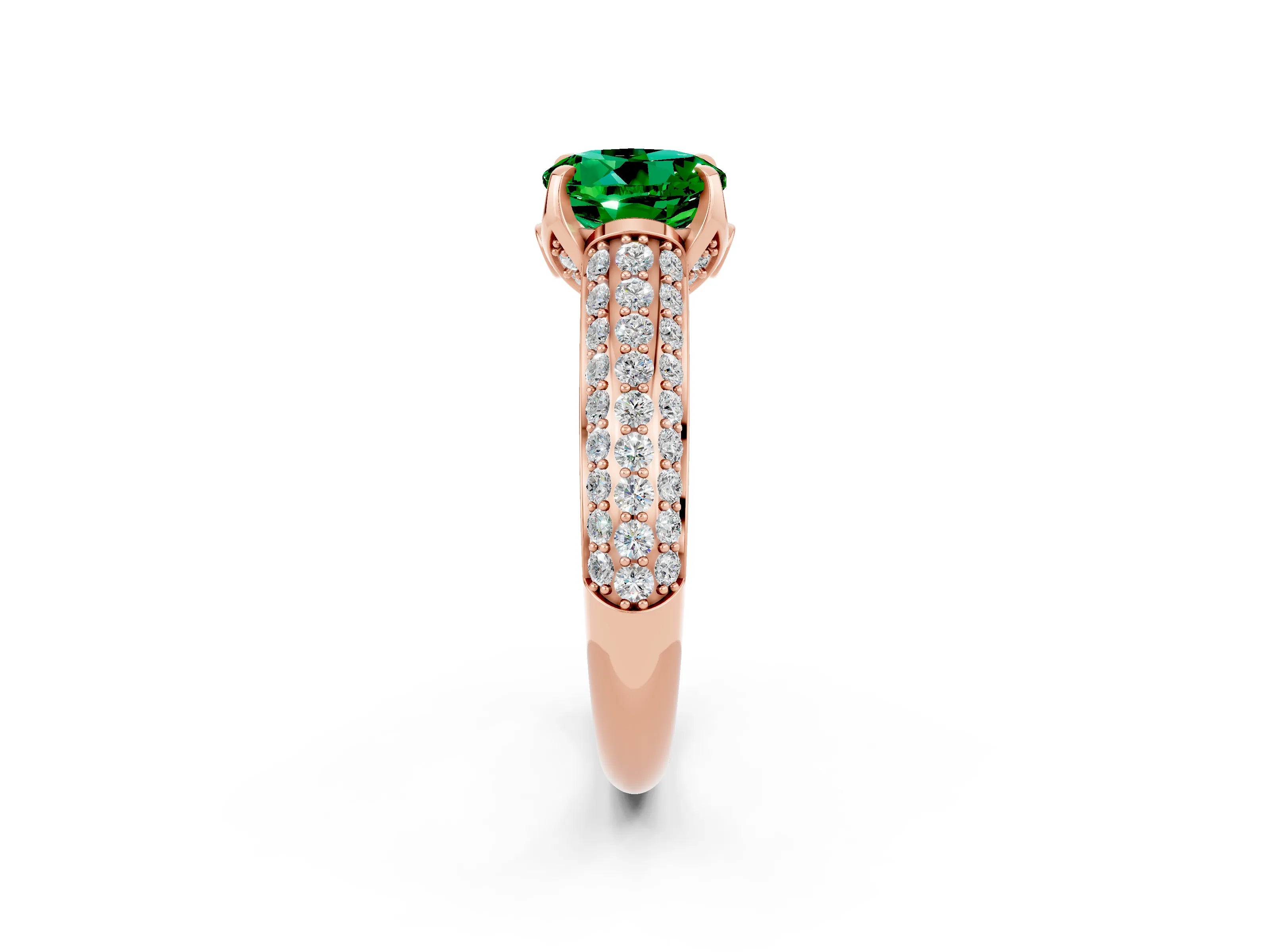Rose gold Round Cut Emerald Solitaire Ring with Three-Row Pavé Band and Four-Prong Setting_14