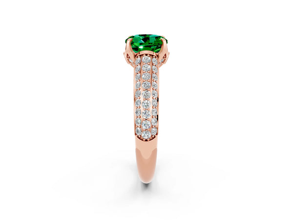 Rose gold Round Cut Emerald Solitaire Ring with Three-Row Pavé Band and Four-Prong Setting