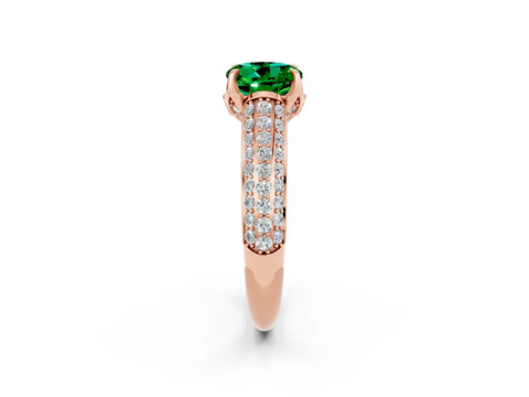 Rose gold Round Cut Emerald Solitaire Ring with Three-Row Pavé Band and Four-Prong Setting_14