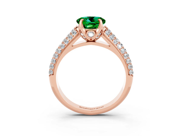 Rose gold Round Cut Emerald Solitaire Ring with Three-Row Pavé Band and Four-Prong Setting