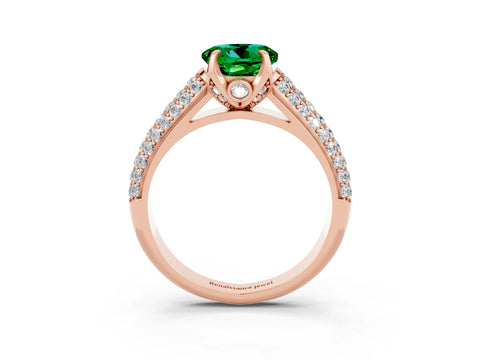 Rose gold Round Cut Emerald Solitaire Ring with Three-Row Pavé Band and Four-Prong Setting_15